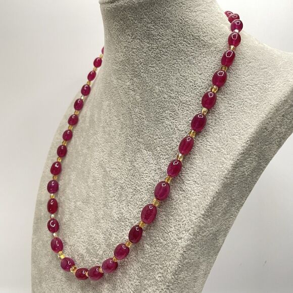 Artisan Handmade Red Gemstone Czech Glass Beaded Necklace Statement Elegant Boho - Picture 3 of 7